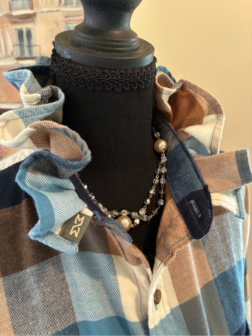 Ruffled Collar Plaid Button-Down Shirt - Blue & Brown - Picture 2 of 6